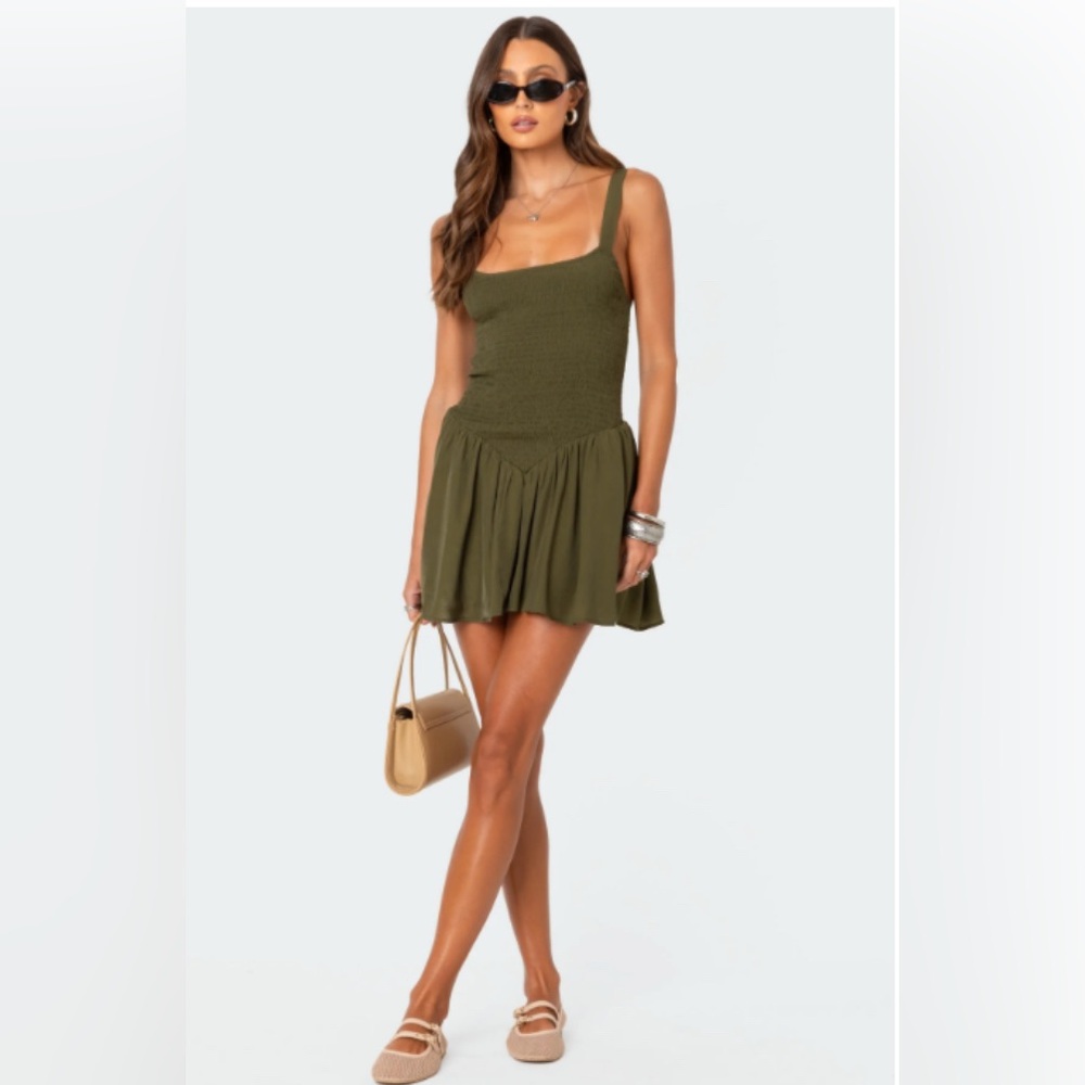 Edikted Olive Green Drop Waist Smocked Mini Dress